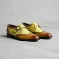 Handmade Two-Tone Yellow & Brown Wingtip Monk Strap Shoes