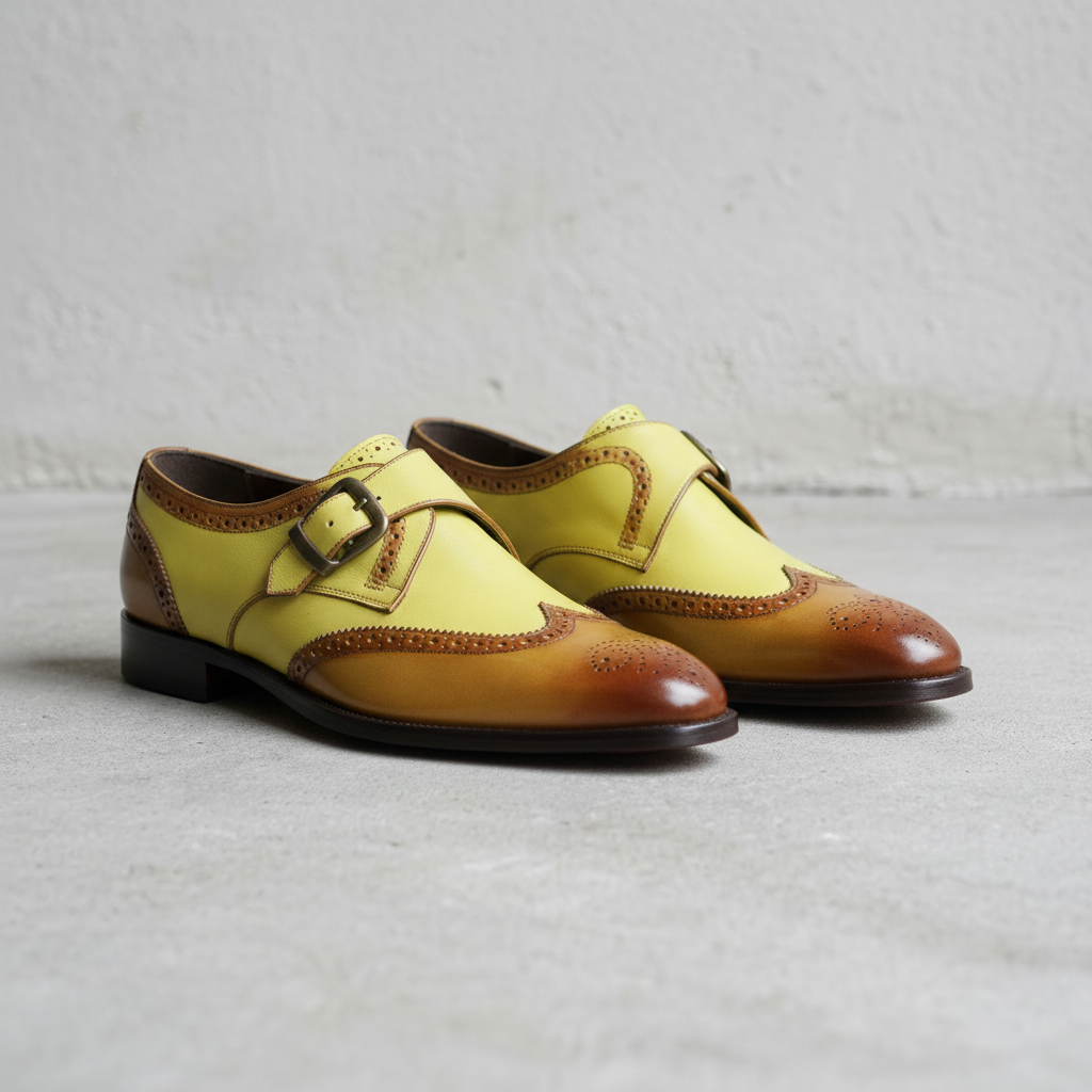 Handmade Two-Tone Yellow & Brown Wingtip Monk Strap Shoes