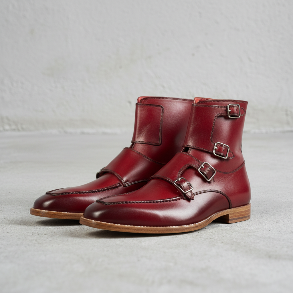 Handmade Red Leather Quad Monk Strap Ankle Boots