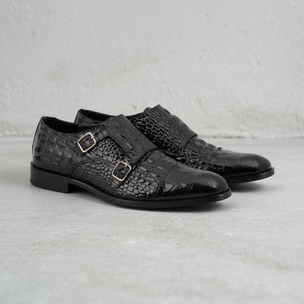 Crocodile Print Double Monk Strap Shoes
