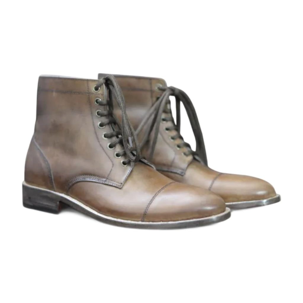 Leather Cap-Toe Lace-Up Ankle Boots