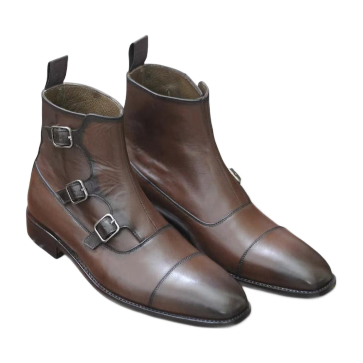 Leather Triple Buckle Cap-Toe Boots