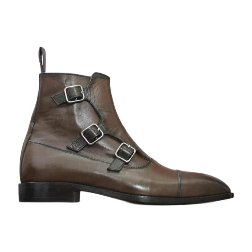 Leather Triple Buckle Cap-Toe Boots