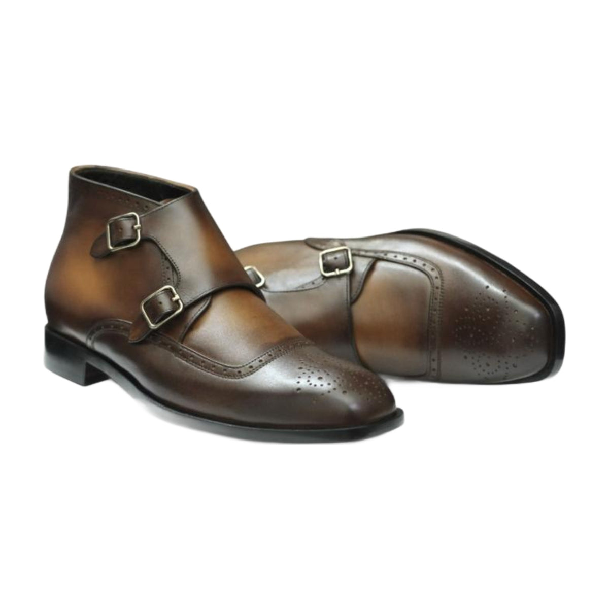 Handmade Leather Brogue Double Monk Strap Boots