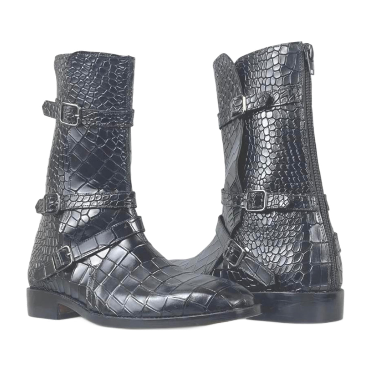 Crocodile Texture Triple Buckle Boots