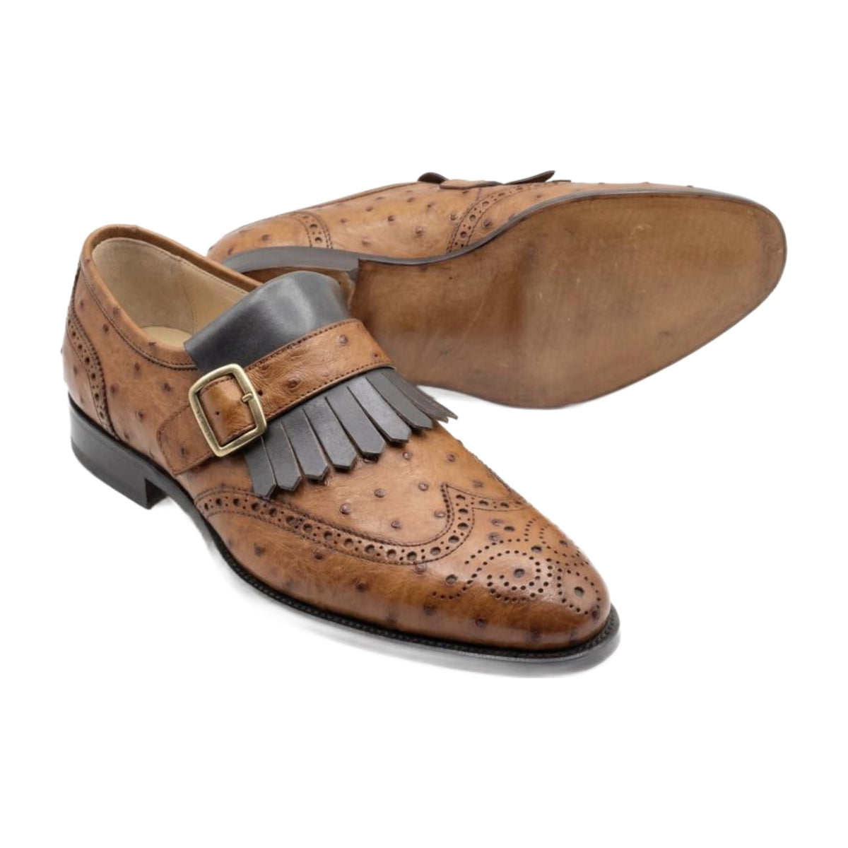 Ostrich Leather Kiltie Monk Strap Shoes