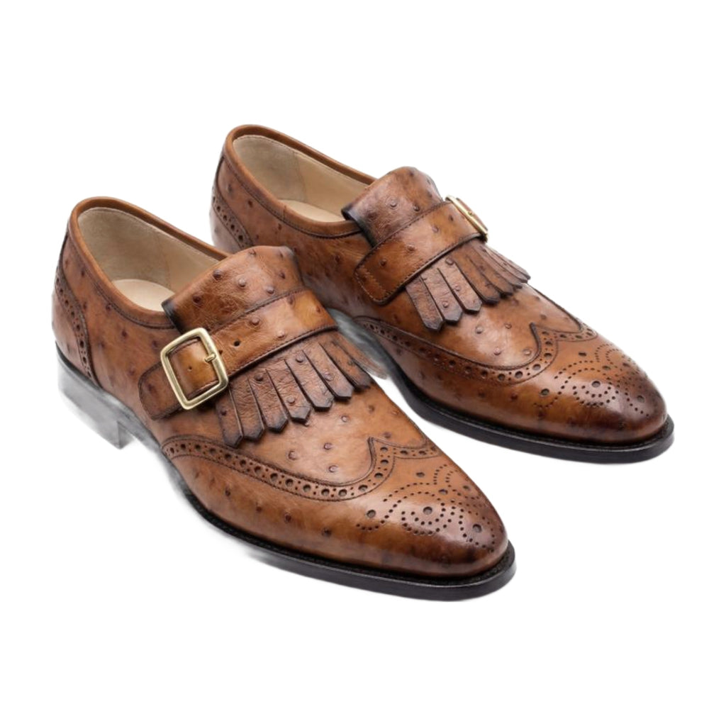 Ostrich Leather Kiltie Monk Strap Shoes