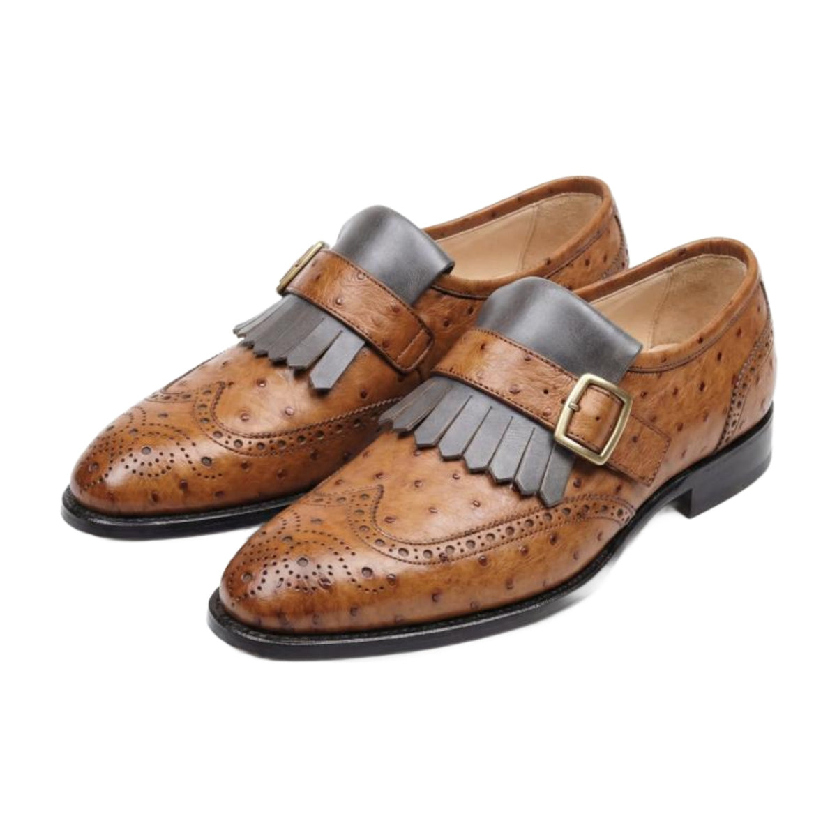 Ostrich Leather Kiltie Monk Strap Shoes