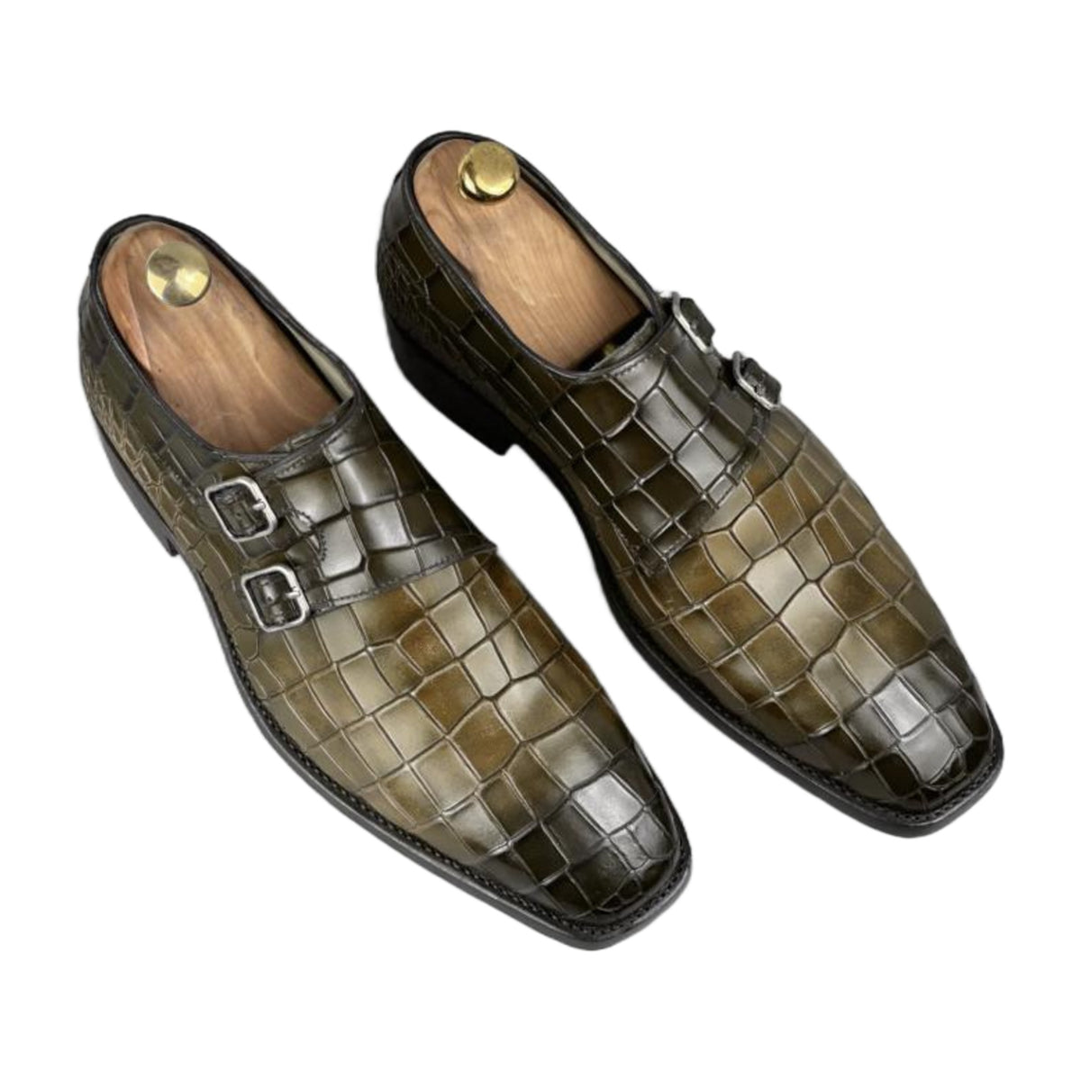 Crocodile Texture Double Monk Strap Shoes
