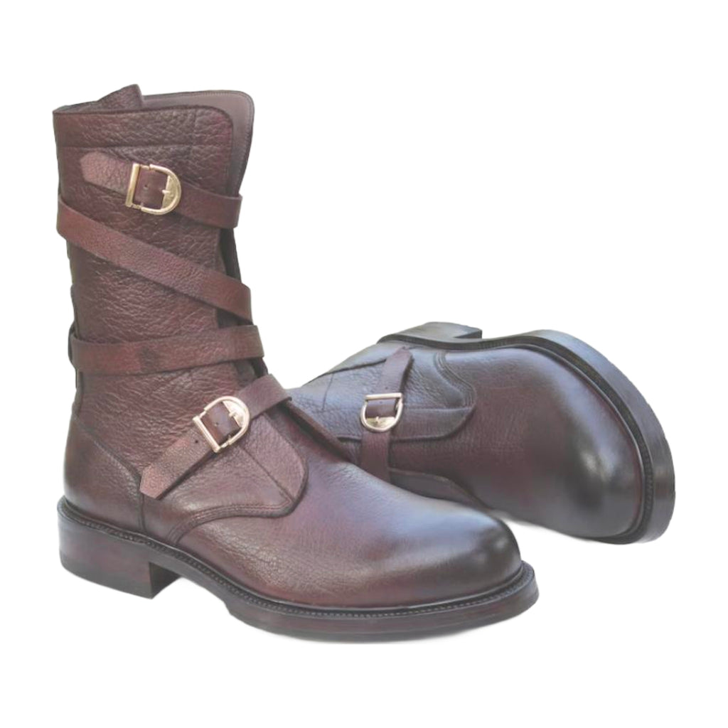 Leather Tanker Boots with Buckle Straps