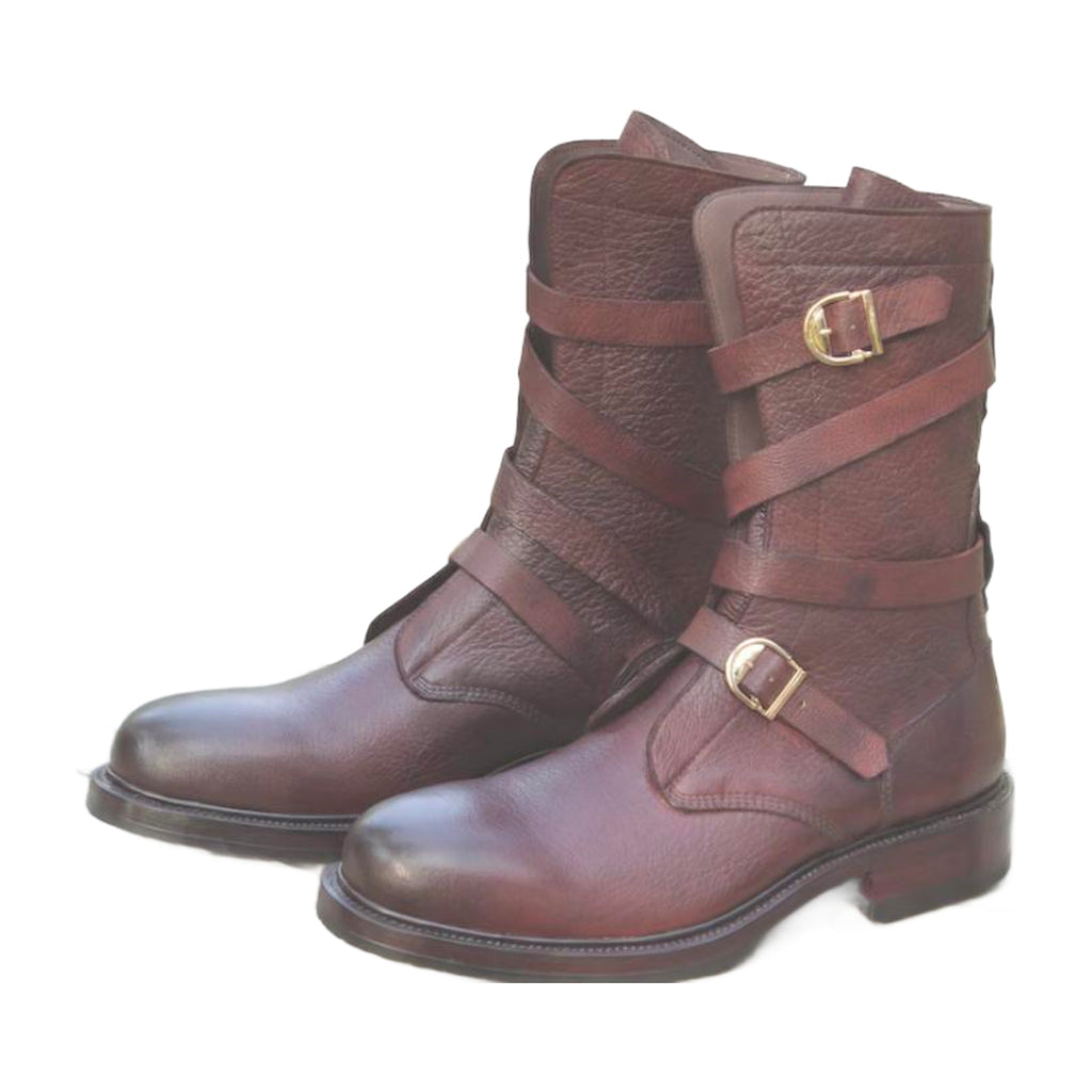 Leather Tanker Boots with Buckle Straps