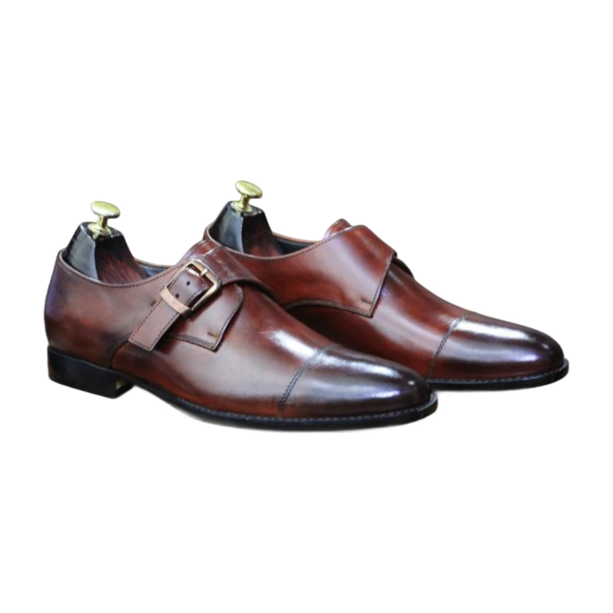 Handmade Leather Cap Toe Monk Strap Shoes
