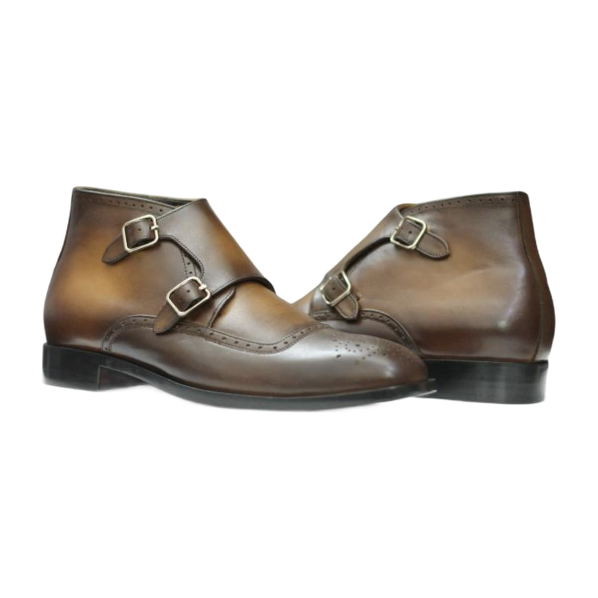 Handmade Leather Brogue Double Monk Strap Boots