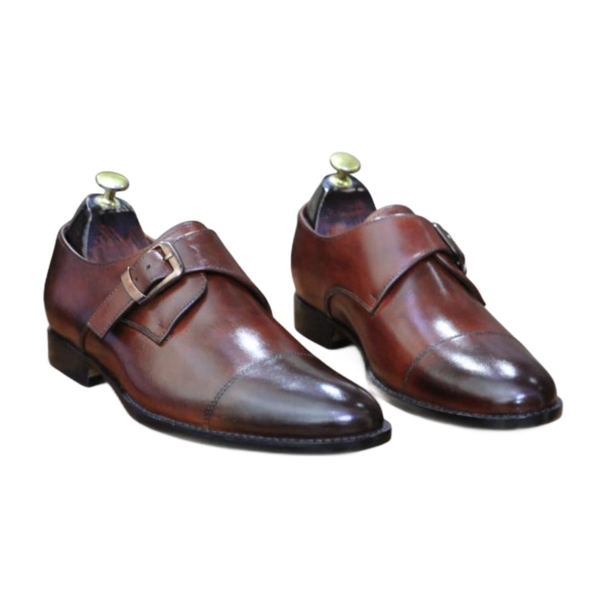 Handmade Leather Cap Toe Monk Strap Shoes