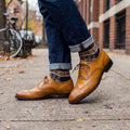 Handmade Tan Leather Wingtip Oxford Brogue Shoes