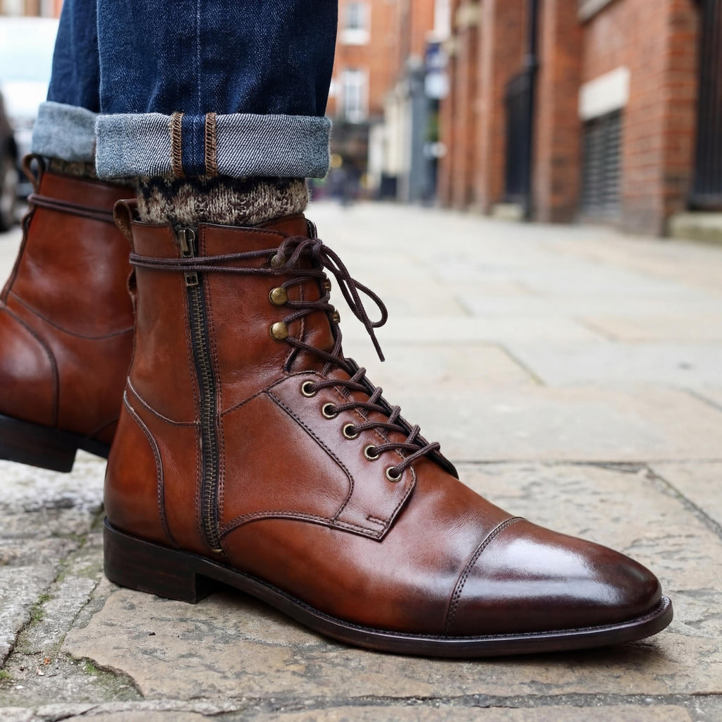Handmade Cognac Leather Cap-Toe Side-Zip Boots
