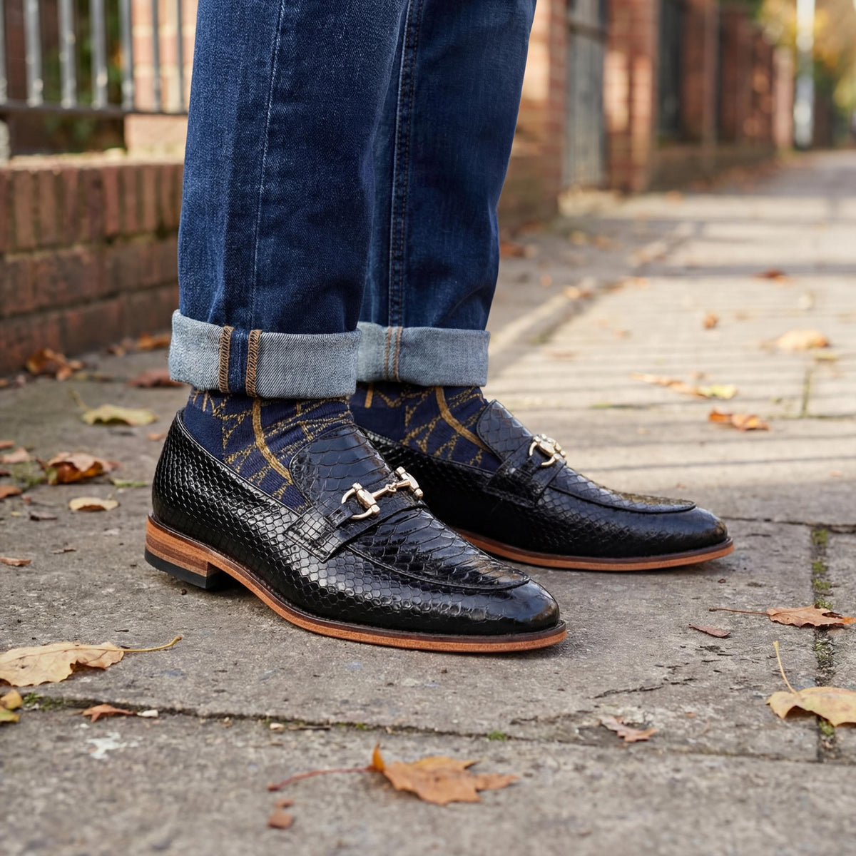 Handmade Black Snake Print Horsebit Loafers
